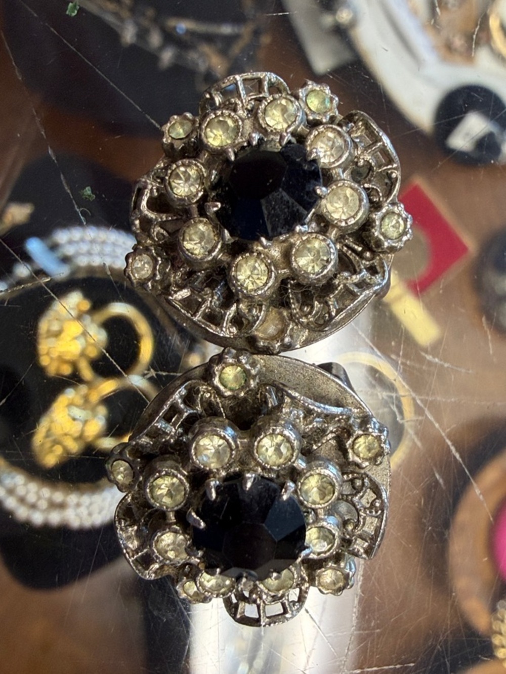 Vintage 1950’s Black Crystal Cluster Clip-On Earrings